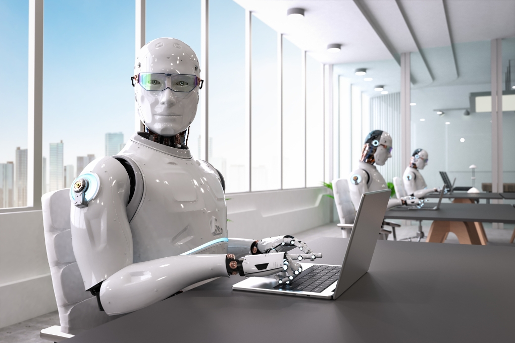 A.I. working in a laptop, futuristic scene